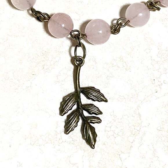 Natural Pink Rose Quartz Necklace, Bronze Leaf Branch + Genuine Gemstone Choker - Picture 7 of 14